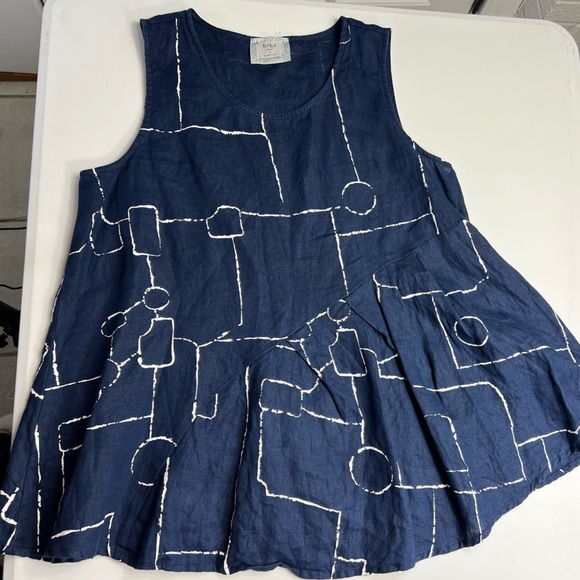 Chalet et Ceci Linen Tank Top S Blue White Abstract Geometric Artsy Lagenlook - Picture 8 of 8